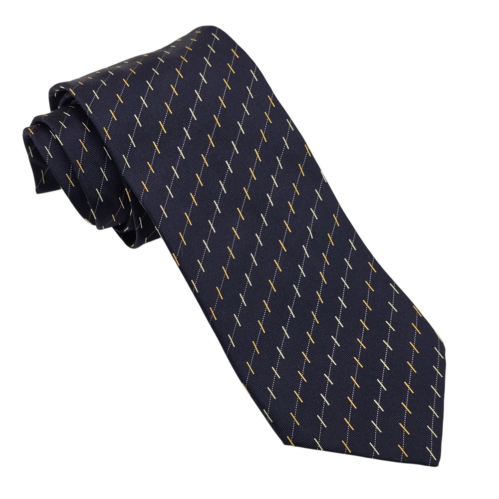 Canali Silk Tie Navy Blue Gold Geometric Dash Italian Luxury Classic‎ Designer